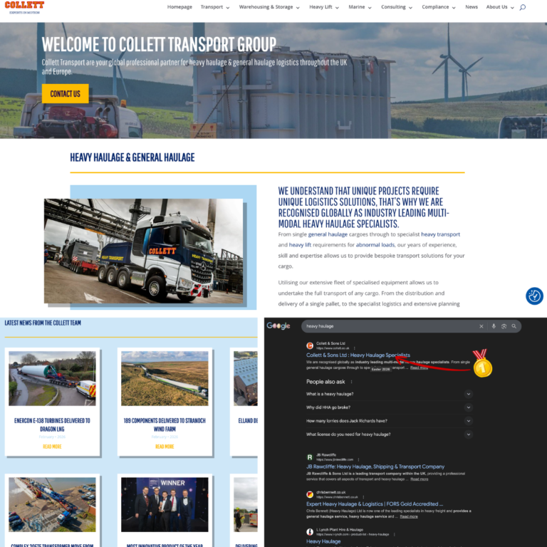 Collett Transport Group website homepage and Google search results
